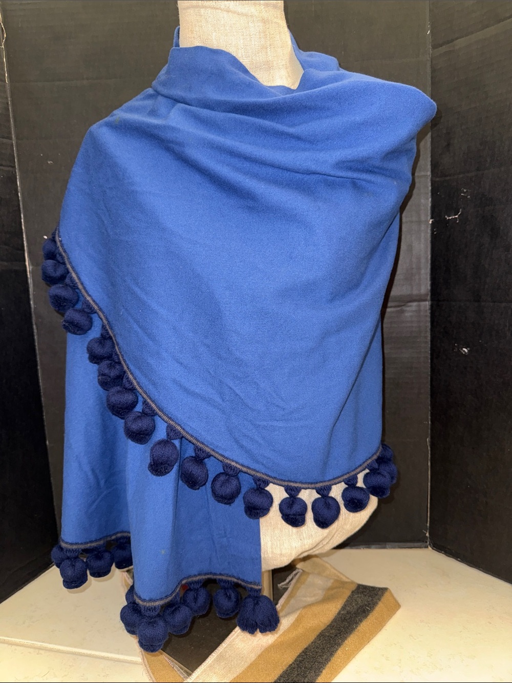 Henry à la Pensée Blue Wool Shawl Pom Pom Tassel Trim Vintage French Fashion